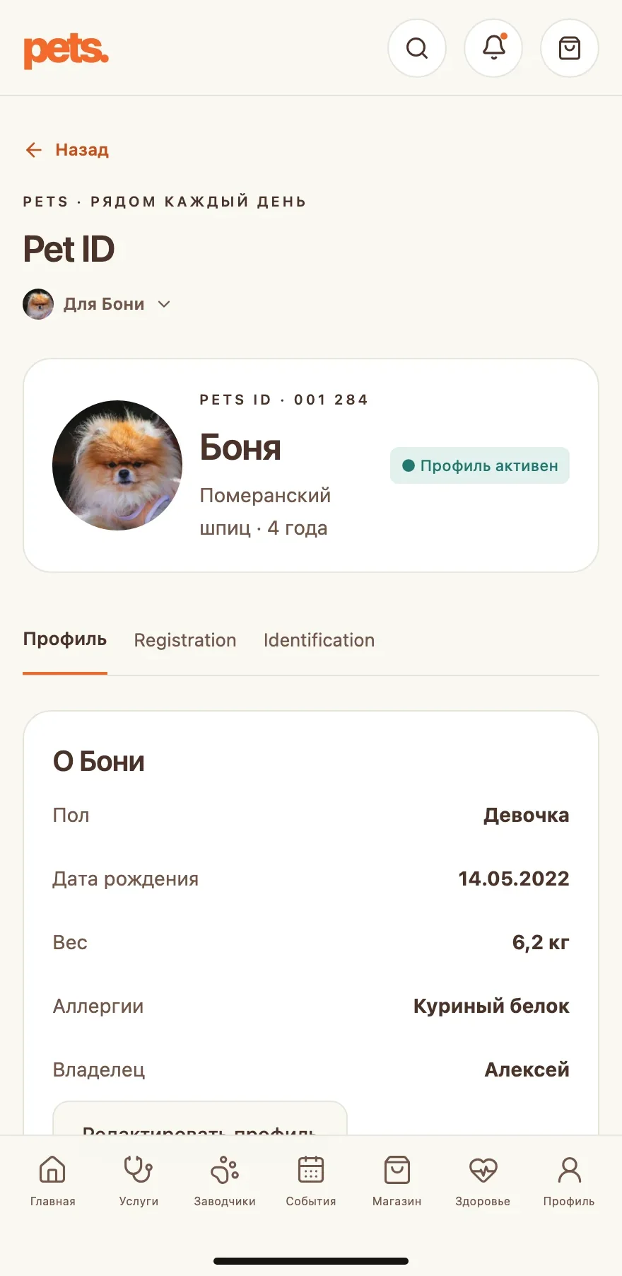 Актуальный экран Pet ID